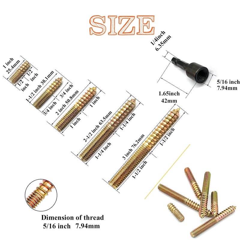Matrelt 31 Pack 5/16-18" Hanger Bolts 5Sizes 1-3 Inch Include1 pcs Hanger Bolt Driver Double Headed Bolts Wood Dowel Screw Self-Tapping Screw Hanger Bolt for Furniture Screws Wood Screws Double Threaded - Image 2